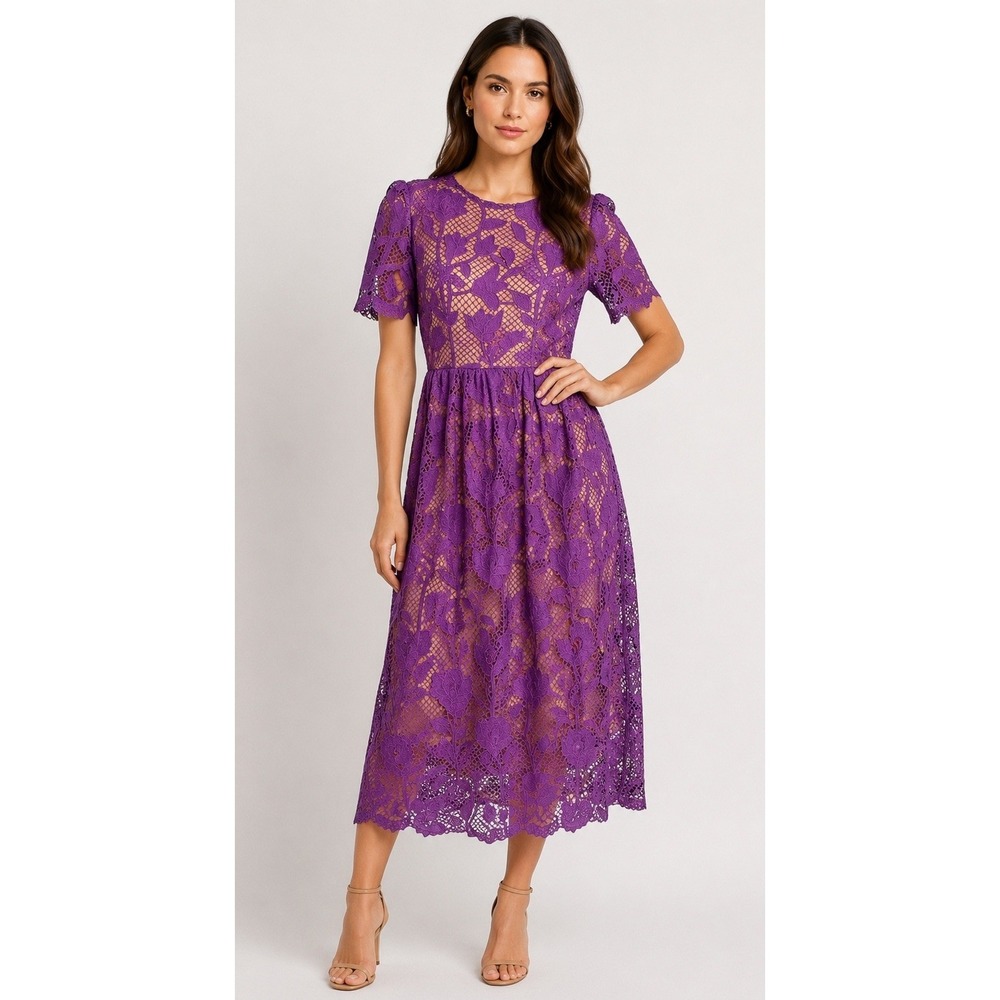 Dalia MacPhee Lace Midi Dress Women Medium Purple NWT Floral Guipure Lace Party